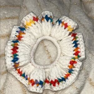 Hand Crafted White Knit Hair Scrunchie with Multicolor Accents